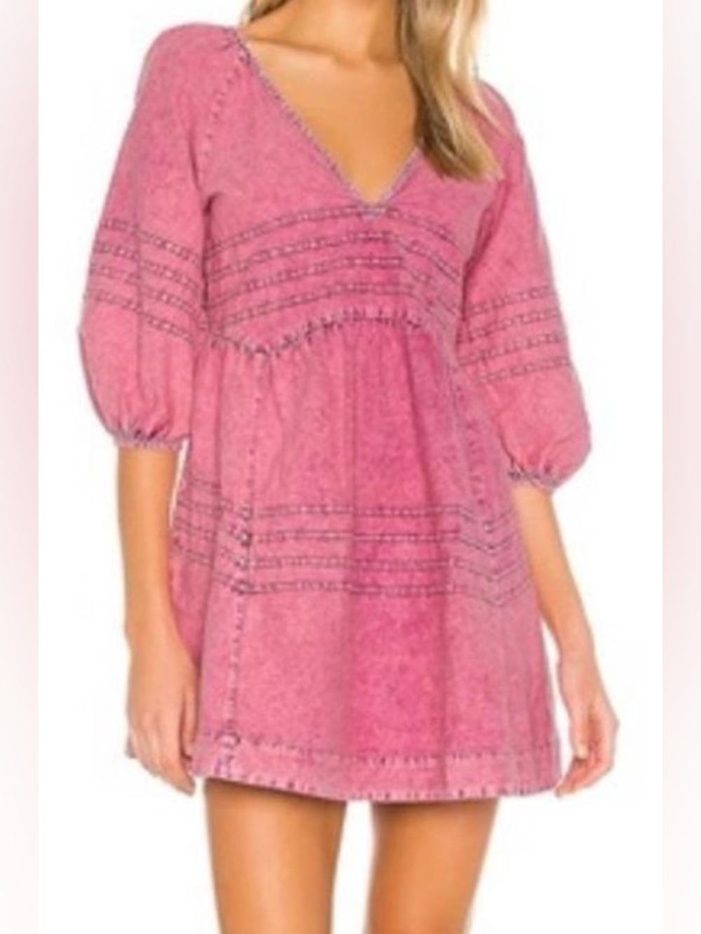 Free People Sweet Surrender Denim Dress | Pink V-Neck Denim Puff Sleeve Mini